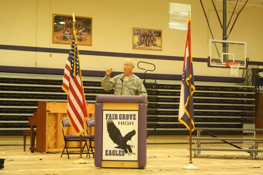Guest speaker, Colonel Mauldin, talks 
to the students and veterans.