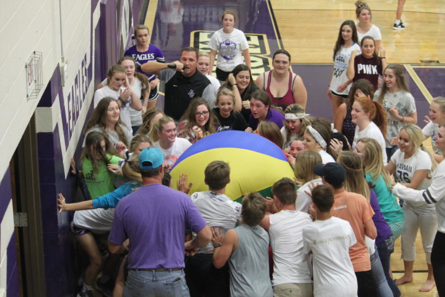 Students participate in the Big Ball of Death game.