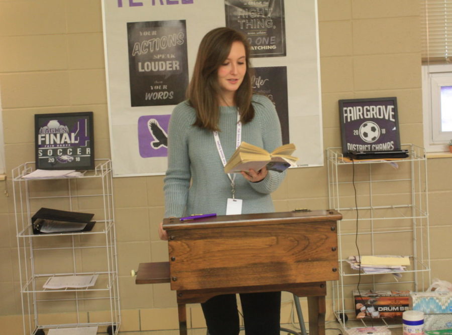 Kelly Camp teaching the Freshman classes about To Kill a Mockingbird