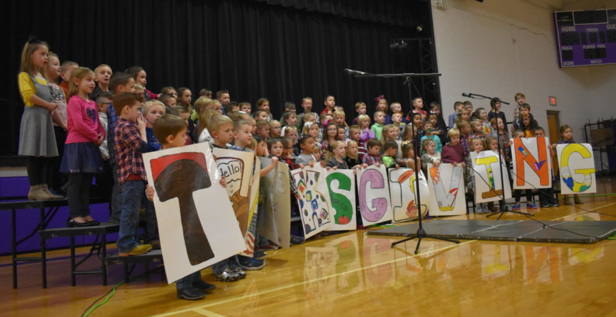 The kindergarten students performing their annual Thanksgiving program for their friends and families