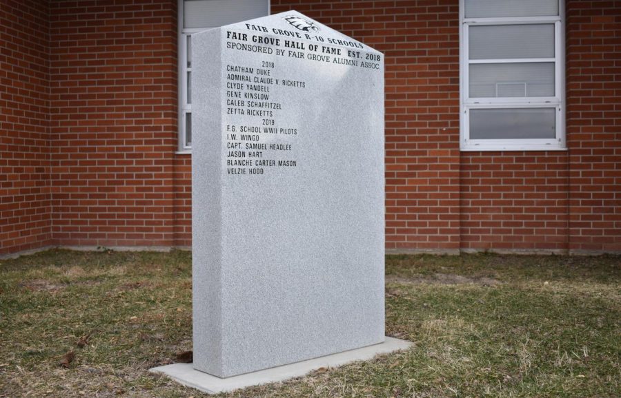 The Hall of Fame monument outside the Fair Grove High School