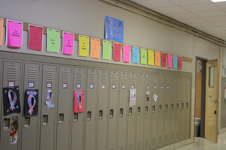 Photo taken of lockers in the elementary hallway.