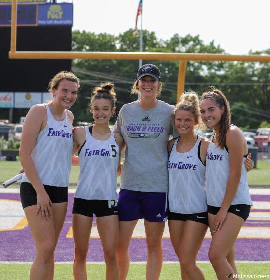 From left to right. Kameron Green (11), Brooklyn Luna (class of 21), Lindsay Martin (coach), Kaitlyn Mueller (11), and Savannah Ipock (10) after a track meet. Photo provided by Lindsay Martin.