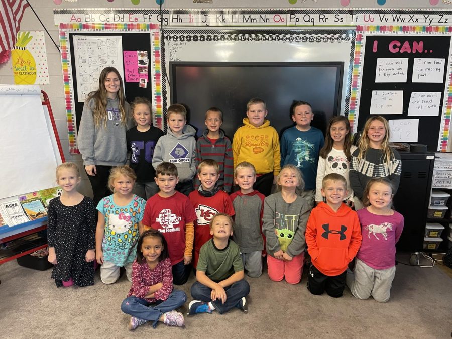 Mrs. Highfills first grade class with their A+ student, Paige Robinson. (Photo taken by Mrs. Highfill).