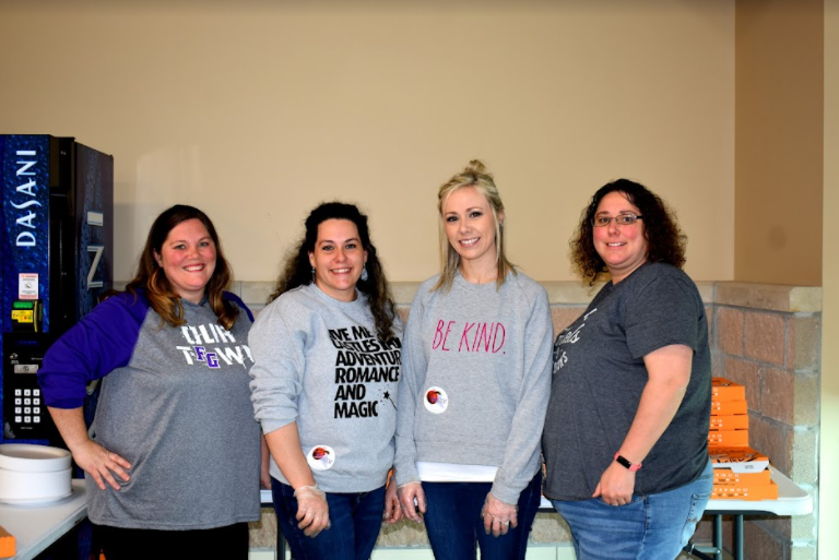 PTO Volunteers Ashley Lederich, Lacie Barrett, Kelsey Smoot, Stacy Mecey,
 who helped sell pizza on Wednesday, March 23, during lunch. 