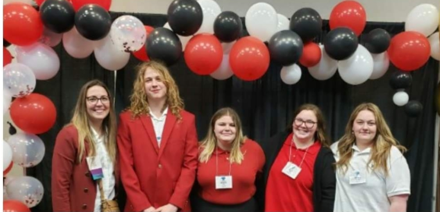 From left to right, Darci Friberg, Seth Hardison (10), Rebekah Irby (10), Saylor Cowles (10), and Brooke Cantrell (10) at the Missouri FCCLA State Leadership Conference.