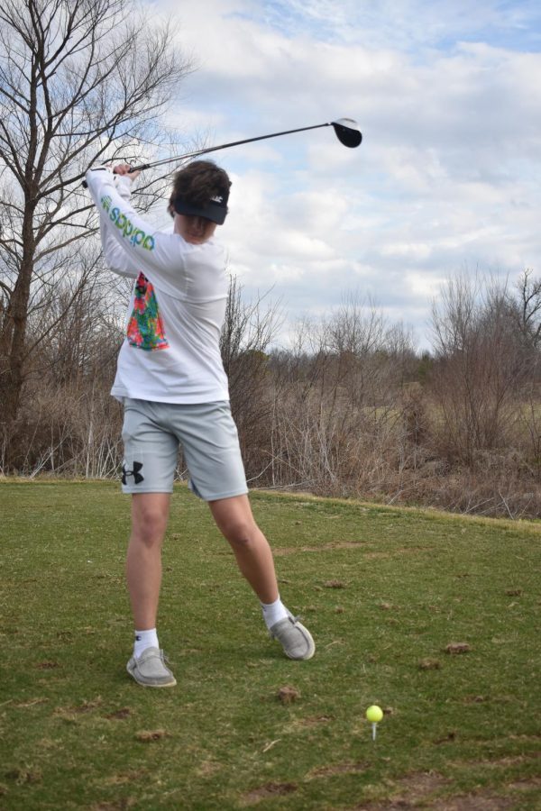 Maddux Ipock swinging off the tee. (photo provided by Fair Grove Newspaper)