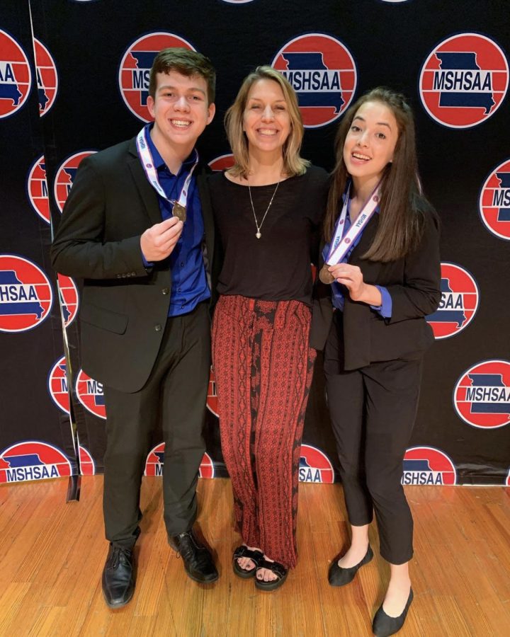 Cooper Zumwalt (11) and Stephanie Dunham (10) after placing in State with Speech and Debate Director, Amy Holland. (Photo Provided by Cooper Zumwalt)
