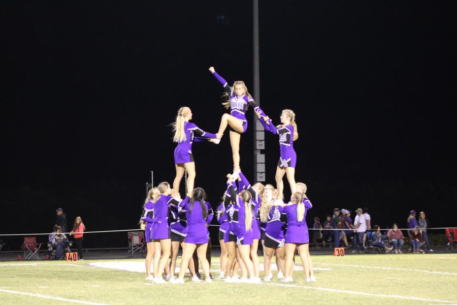 The Fair Grove High School cheer team during the homecoming performance. 