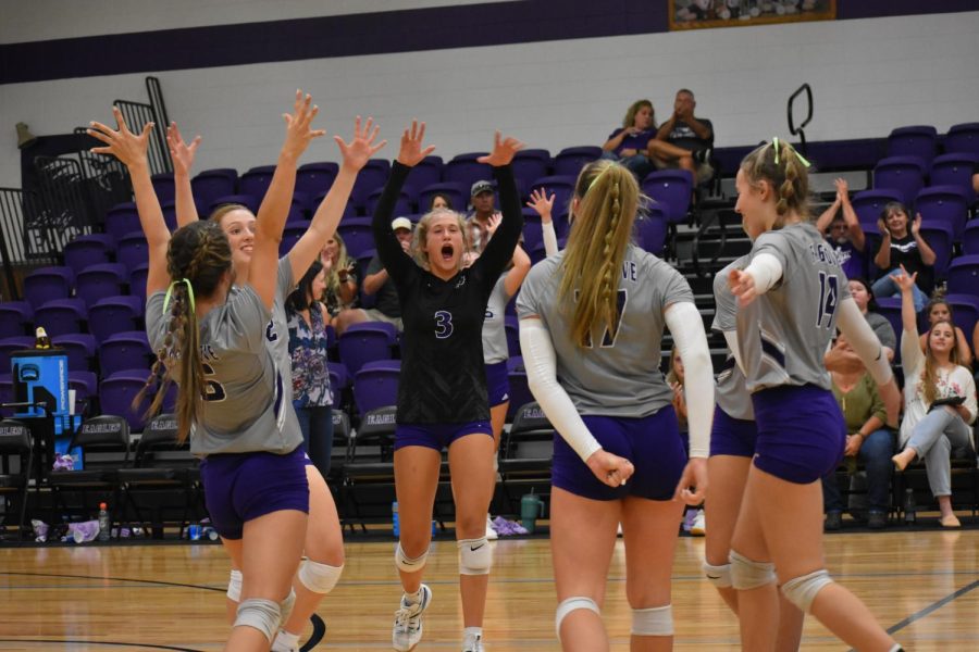 Fair Grove Lady Eagles celebrate after scoring a point against Forsyth High School. (Photo taken by Jackson Anderson)