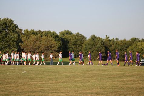 The Fair Grove Boys Soccer team congratulating the Clever Soccer Team after a game. (Photo taken by Riley Frazier)