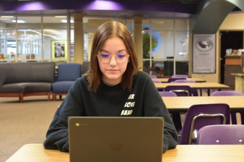 Student Riley Frazier working on her chromebook in the library. (photo taken by Brooklyn Williams)
