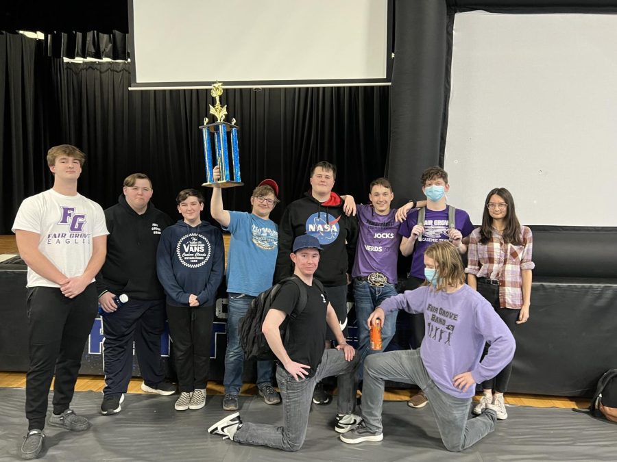 History Bowl Team holding their 1st place trophy.
Top Row: Brett Sartin, Aidyn Owings, Preston Hicks, Aiden Cooper, Christian Allen, Braden Booth, Charlie Harp, Jessica Dilday. 
Bottom Row: Nate Waggoner, Luc Deeds. (photo provided by Mrs. Wahlquist)