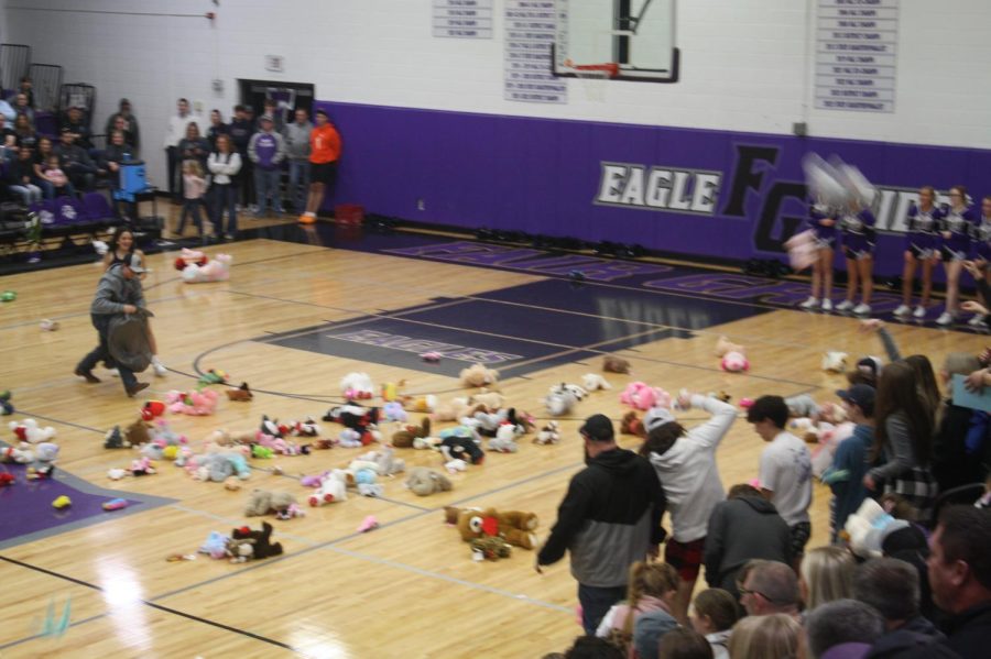 Stuffed animals after being thrown onto the gym floor for Cover the Court.
(Photo taken by Baily Carll.)