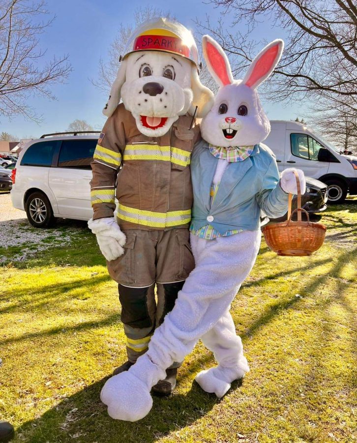 Sparky the Dog and Easter Bunny mascots posing during the FCCLA Easter Egg Hunt. (photo taken from the Fair Grove MO Chamber of Commerce Facebook page)

