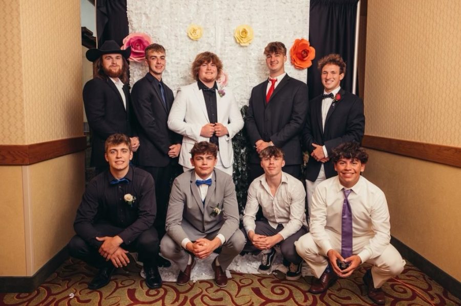 Fair Grove Prom picture featuring bottom row, left to right: Mason Koller, Blaine Kirkpatrick, Kobe Reeves, Esais Baird, top row, left to right: Hayden Fullington, Oliver Haley, Samuel Daughtry, Brett Sartin, Kurt Buckman. (photo taken by Shannon Alexander, provided by Esais Baird)
