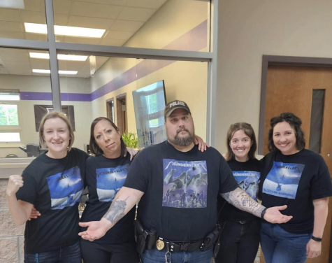 Some of Fair Groves teachers on spirit day. Left to right: Mrs. Sarah Englis, Mrs. Tina Cantwell, Officer Bond, Mrs. Natalie Palomo, Mrs. Amy Johnson. (Photo taken by Mr. Voorhis)