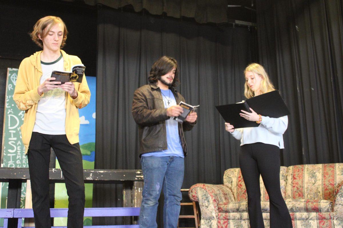 The Fair Grove Theater Department rehearsing for the upcoming play The Outsiders. (left to right): Collin Shea, Aaron Faucett, Anna Moffis. (photo taken by Alyssa Faubion)