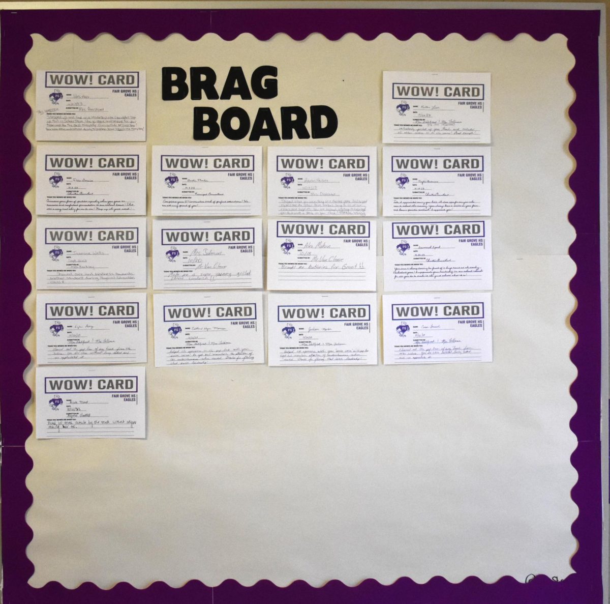 Wow+Cards+hanging+on+the+Brag+Board+in+the+High+School+Hallway