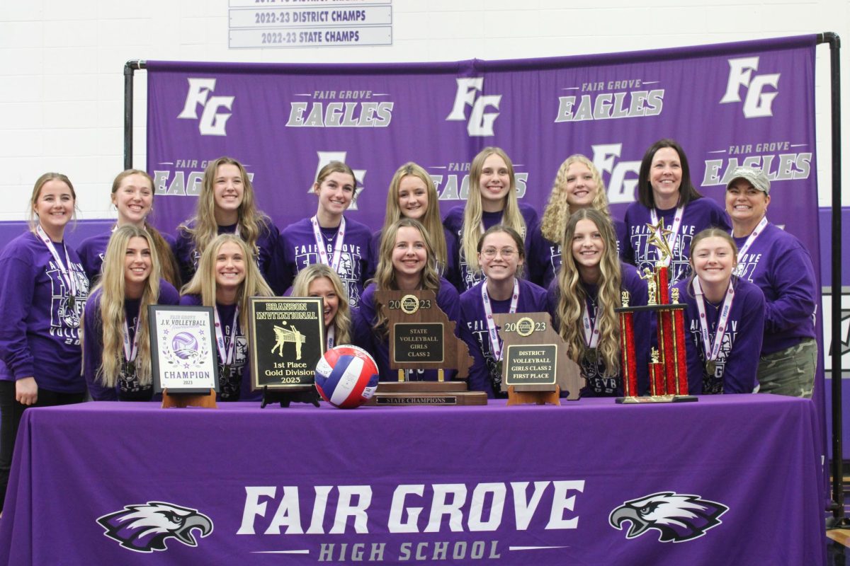 The Fair Grove Varsity volleyball team with their State Trophy. Back left to right Dani Kepler, Allison Findley, Abbey Green, Hannah Maxwell, Brooke Daniels, Shea Skobe, Sofee Garret, Tonya Peck, Stacy Beckley,
Front left to right Ashton Bell, Faith Klindworth, Meadow Carter, Kenna Fishback, Shayla Haddock, Gretta Arnet, and Emaley Stallings