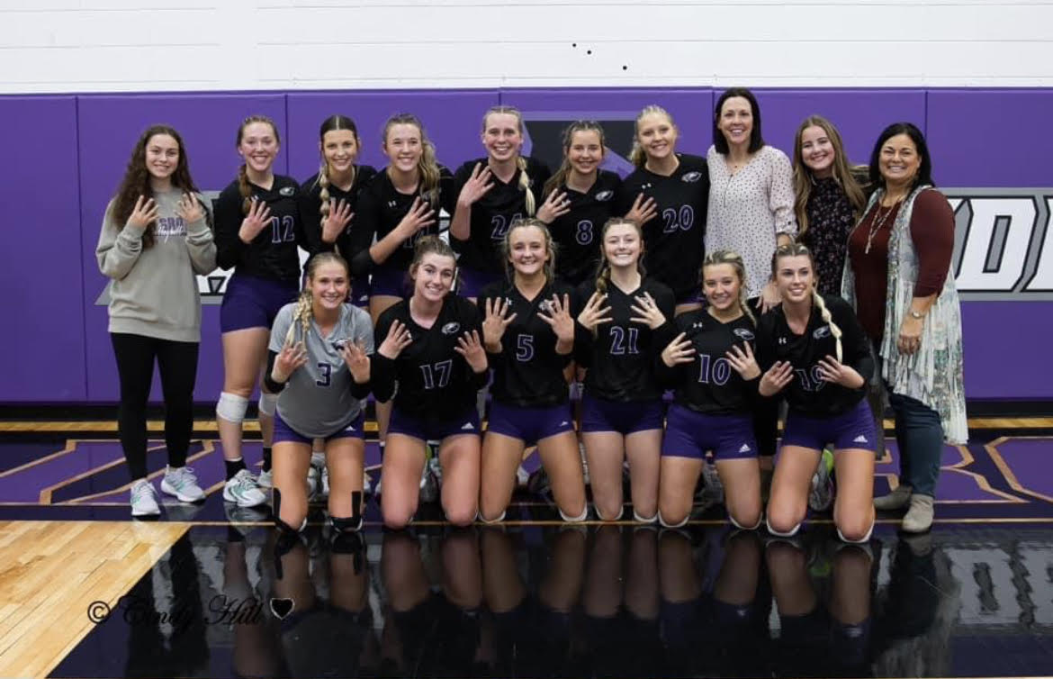  The Fair Grove volleyball team posing for a photo after clenching a spot in the Final Four. (Row 1 from left to right: Shayla Haddock, Allison Findley, Greta Arnett, Abbey Green, Shea Skouby, Kenna Fishback, Sofee Garrett, Coach Tonya Peck, Assistant Coach Dani Kepler, Assistant Coach Stacy Beckley. Row 2 from left to right: Faith Klindworth, Hannah Maxwell, Brooke Daniels, Emaley Stallings, Meadow Carter, Ashton Bell.