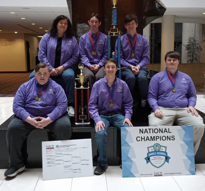 (left to right, top to botto): Coach Wahlquist, Nathaniel Waggoner, Charlie Harp. (Bottom): Adyin Owings, Bradon Booth, and Christian Allen Varsity scholar bowl team with Nationals Trophy