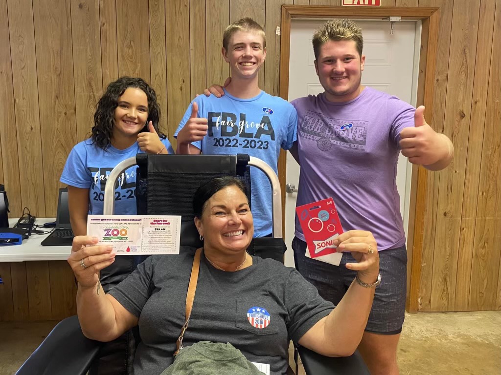 Three FBLA officers helping out with the yearly blood drive. (Back from left to right: Gretta Morris (11), Atticus Brandes (11), and Oakland-Wayne Morrison (12). Front: Staci Beckley)