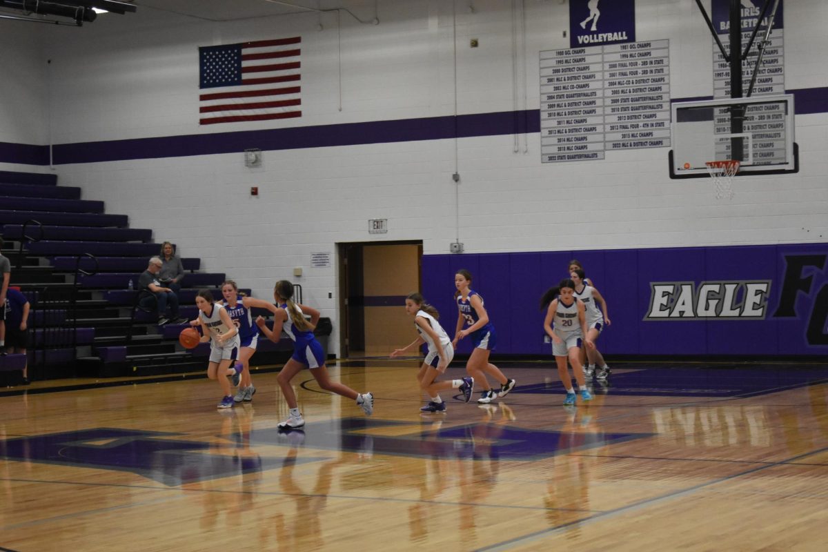 7th Grade players (left to right) Kara Hart, Harper Green, Olivia Broyels, and Shelbi Jeffery playing Forsyth at home on Nov. 7th