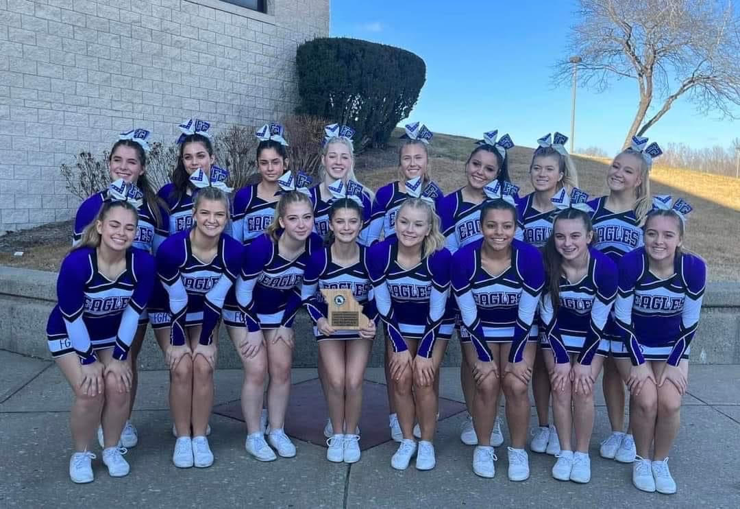 Fair grove varsity cheer team after state competition, pictured in the photo is (Top row left to right) Aubrie Voorhis, Emma Stolyarchuk, Skylar Farthing, Desiree Labaw, Olivia Phelps, Brooklyn Mauldin, Grace Trehal, and Reese Wells. In the front row (left to right) is Piper logan, Jerry Mcdougal, Hannah Bruner, Avary Austin, Neveah Lahey, Eden Lair, Macy Ahaen, Lizzy Taylor.