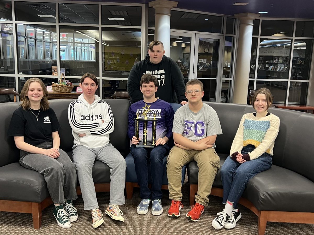 The History Bowl team with their trophy. (from left to right) Aydan Mcclinton (9), Nathaneal Waggoner (12), Charles Harp (12), Aidyn Owings (10), Aiden Cooper (12), Amber Clemens (11).