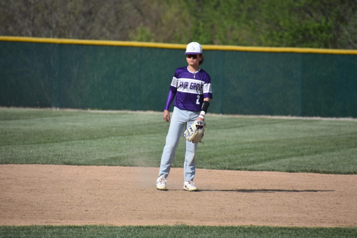 Easton Highfill (8) preparing for the next play in the 2022-2023 baseball season.