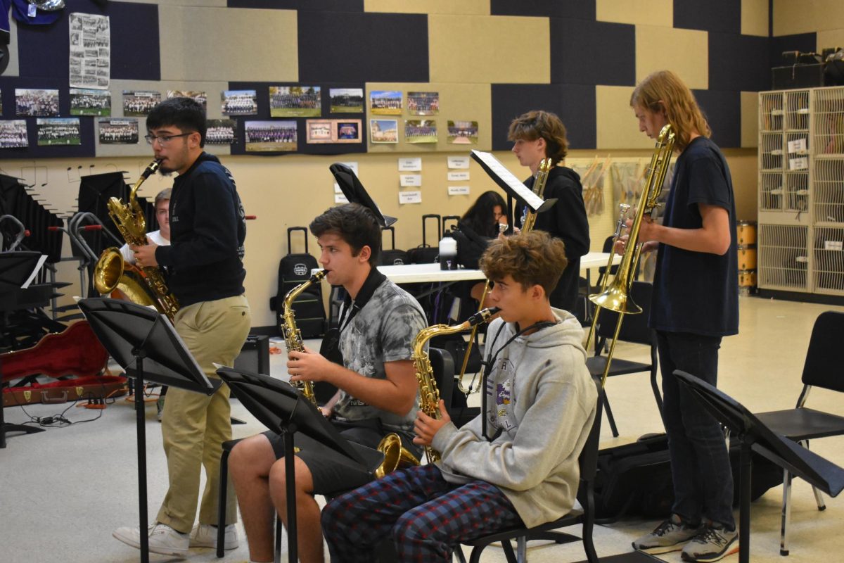 Members of Jazz Combo are practicing for their upcoming performance at the Senior Citizens Luncheon. Back row from left to right: Miller Bettis (9) Lee Van Cleave (11) Front row from left to right: Keith Nolan (12) Collin Emery (12) Timothy Barber (10)