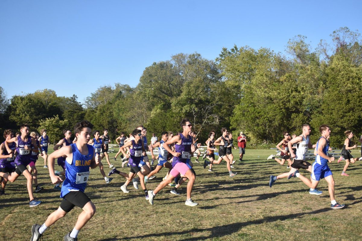 Boys Varsity Cross Country runners taking off at the Fair Grove Meet on October 3. 