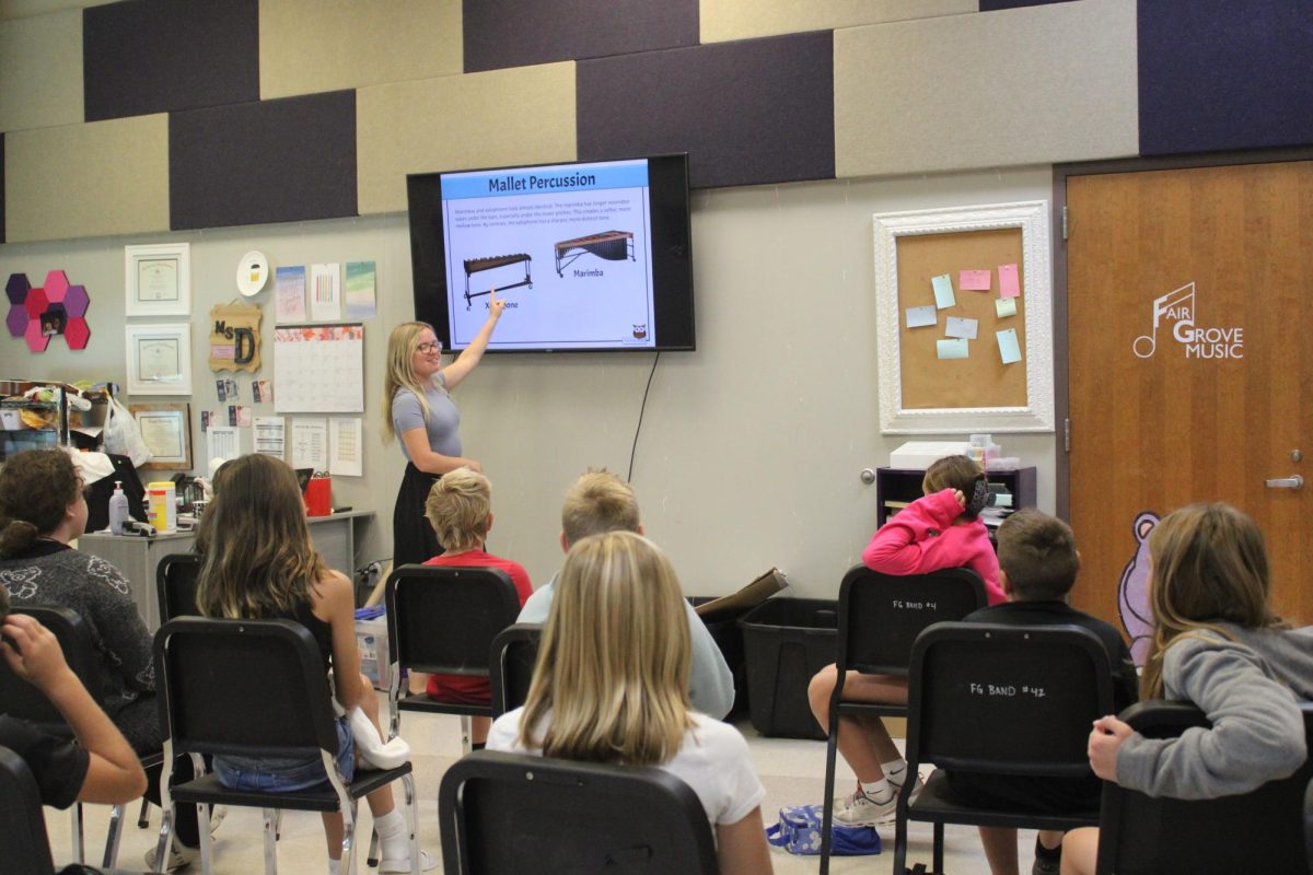 Student Teacher Ms.Mcginnis teaching Mrs.Harmons 5th grade music class about percussion instruments. 