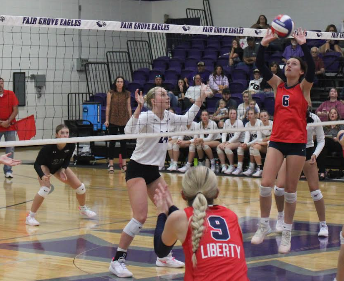 Senior, Shea Skouby, setting up for a block in the Fair Grove vs Mountain View home game. 