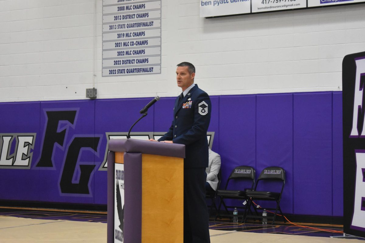 Senior Master Sergeant Nicholas Curtis giving his speech and the Veterans Day Assembly on November 8th. 