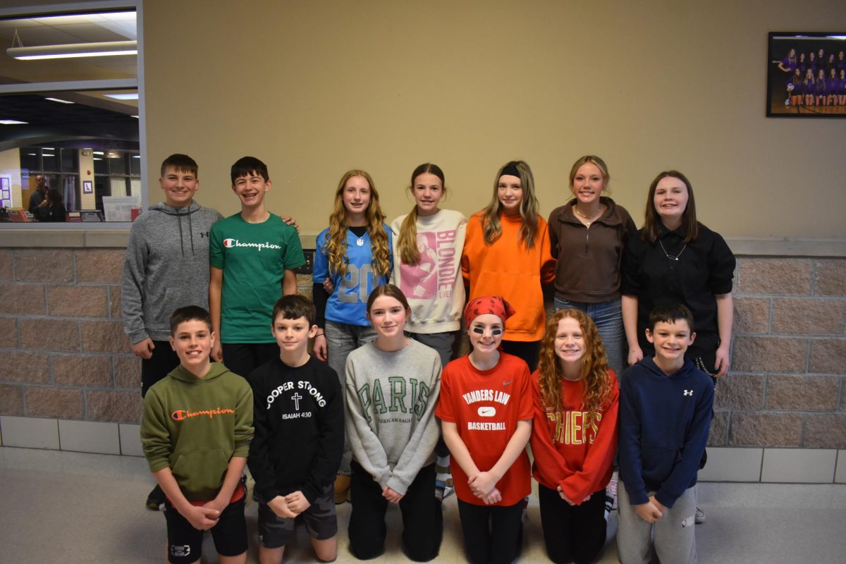 Fair Grove Middle School Student Council after a meeting concerning the Middle School Dance which is taking place on 02/14/2025. Top Row (from left to right): Mason Smith (7), Lukas Wolf (7), Kathryn Knaup (8), Harper Green (8), Kara Hart (8), Paisley Cribbs (7), Maggie Johnson (7). Bottom Row (from left to right): David Arnold (7), Parker Hallet (7), Carlie Krider (8), Payton Martin (7), Addison Miller (7), Brock Hallet (7).