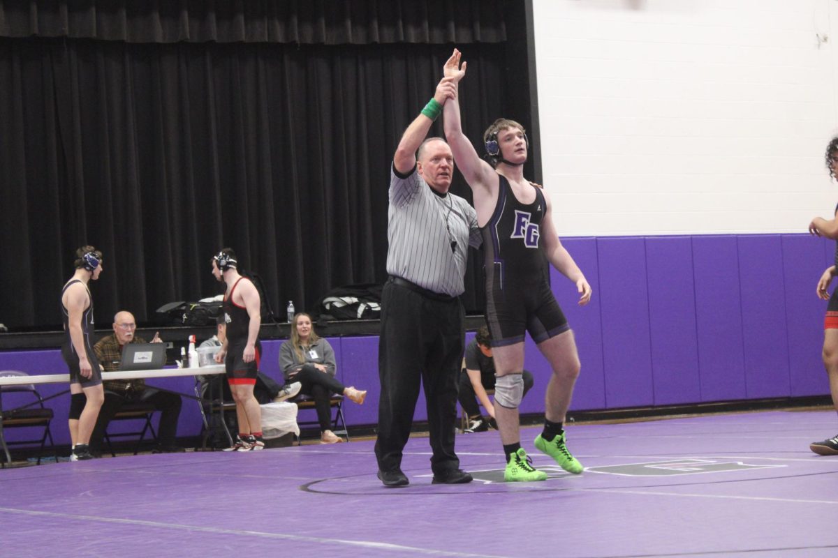 Fair Grove High School Wrestler Carson Krider (12), wins a match at the Fair Grove home meet on January 21st, 2025. 