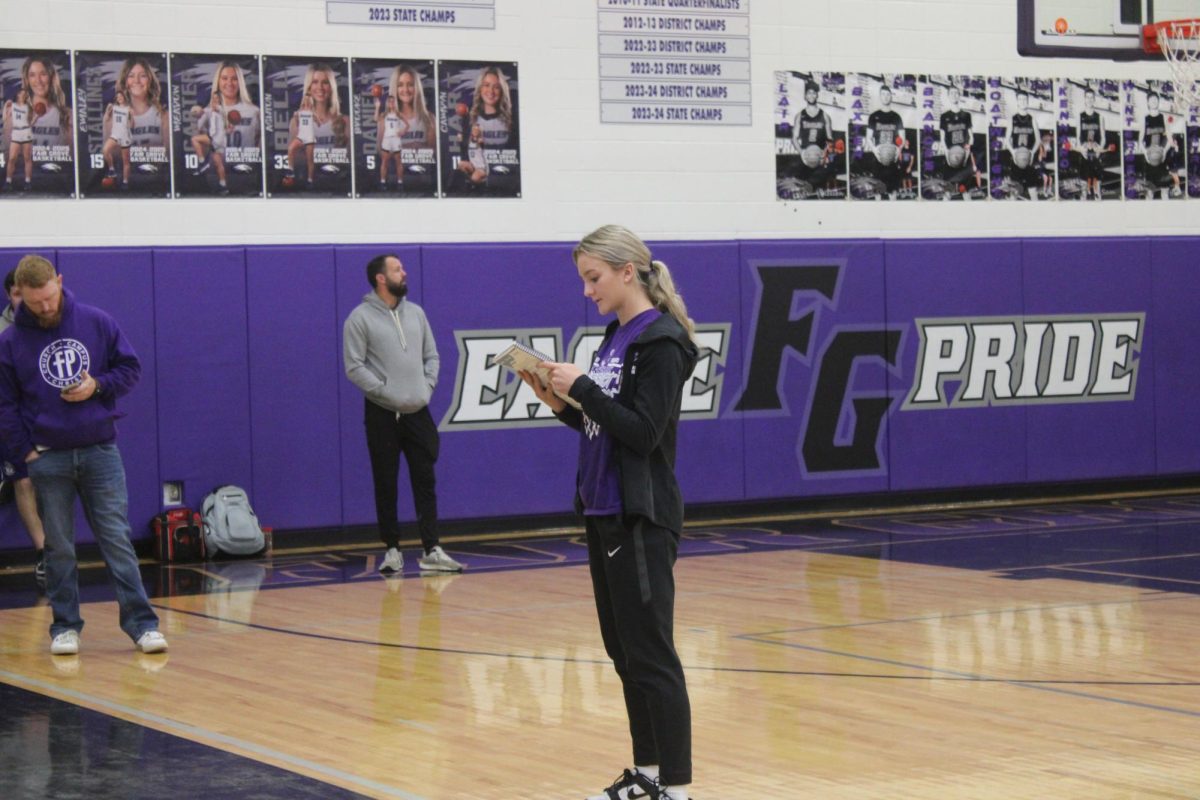 Brooke Daniels (12) leading the FCA meeting on February 27th, 2025.
(Pictured left to right: Truman Baxter and Dustin Lair)