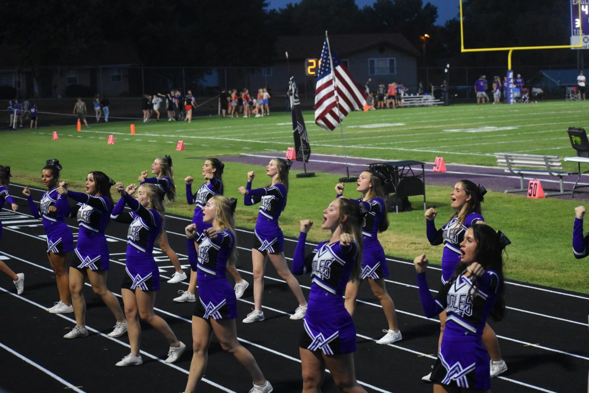 The High School cheer team cheering at a home football game against hollister on September 9, 2024 Back Row left to right: Lillie Arnold (9), Alice McMains (10), Kyah Wisely (9), Caydence Drake(9), Aubrie Voorhis (10).
Front Row left to right: Eden Lair (11), Brooklyn Mauldin (12), Neveah Lahey (12), Reese Wells (12), Desiree Labaw (11), Skylear Farthing (10)
