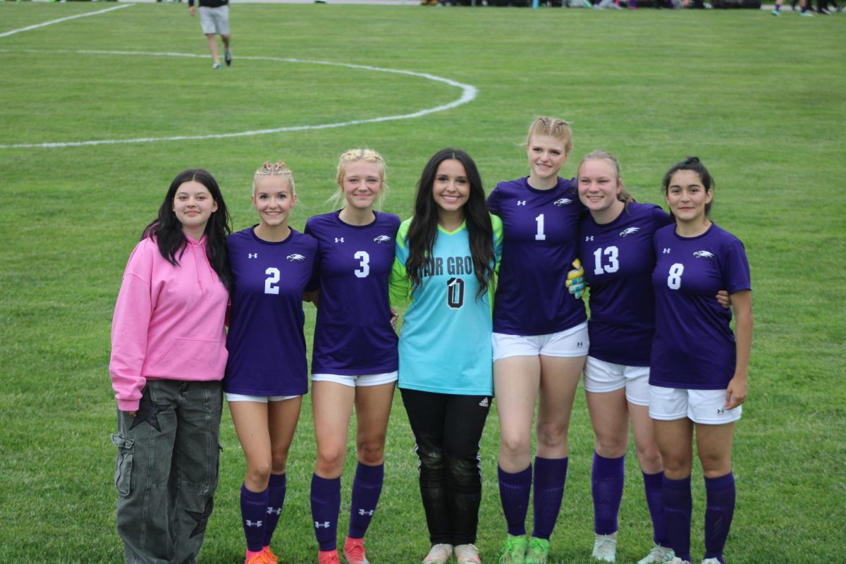 Fair Grove Girls Soccer seniors, Brielle Mahr, Riley Frazier, Brooklyn Williams, Brooklyn Mauldin, Karlee Marion-Swan, Fiene Fransen, and Nathalia Ruff, on their senior night.