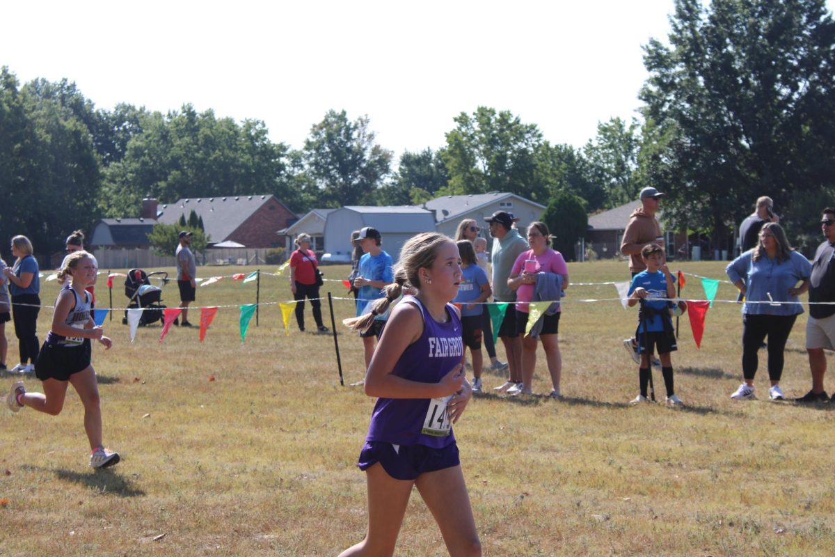 Seventh grader Aria Dunning running the last stretch of the SWCCCA Richard Clark Invitational, on September 6th 2025. Dunning Placed 232nd.