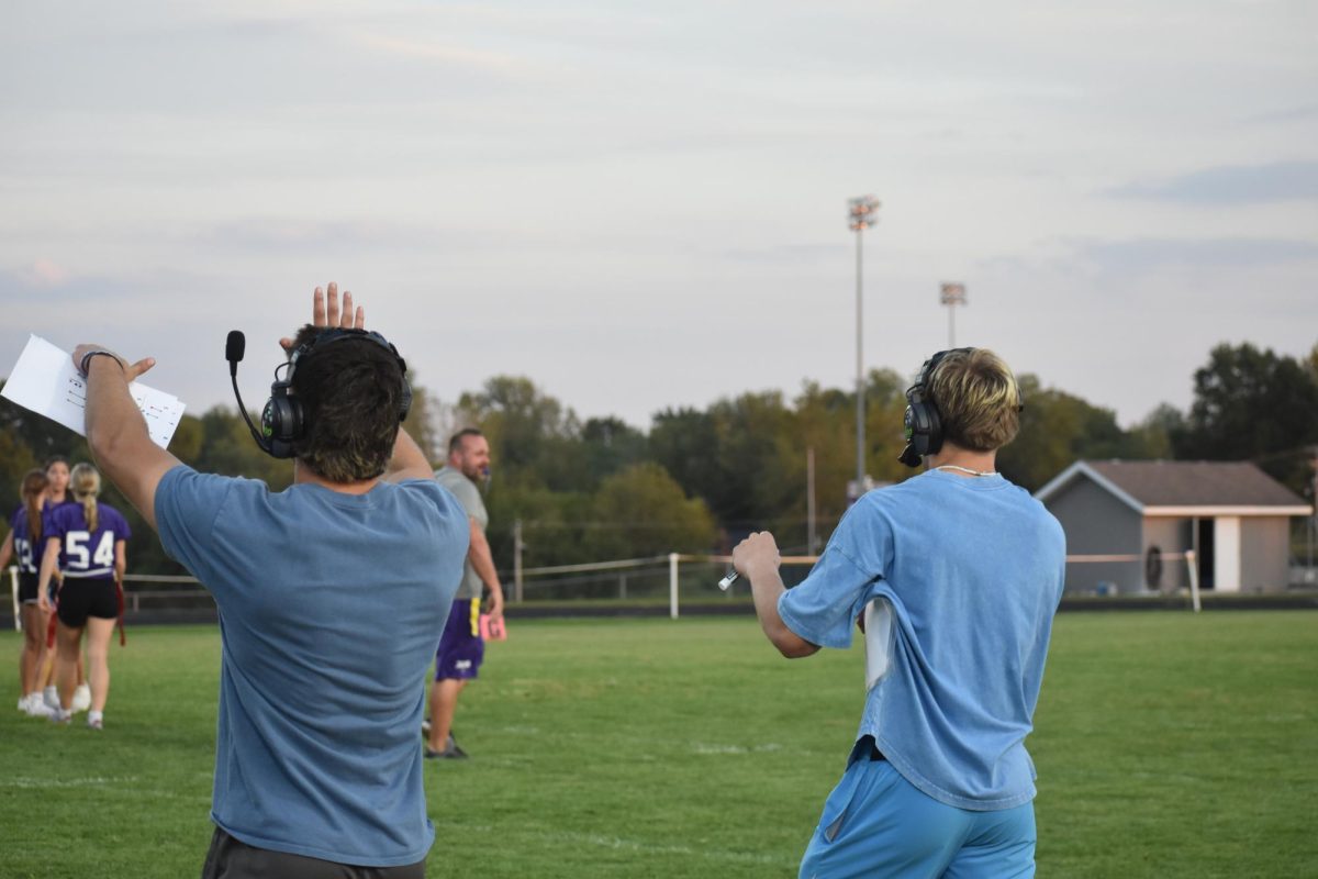 White team Powder Puff coaches (left to right) Dylan George (12), Carson Trussell (12), calling plays for the 2025 Powder Puff game. The overall score for the game was 18 to 6 with the White team being victorious. 