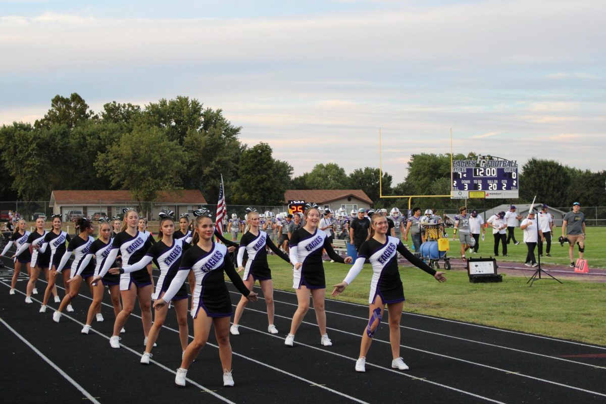 The Fair Grove Cheer team cheering at a home football game versus Mountain Grove. The cheer team will compete at the state competition on November 1st. 
First row: Aubrey Voorhis (11), Avary Austin (11), Desiree Pollock (12), Lizzy Taylor (12), Eden Lair (12), Skeylar Farthing (11), Taylor Wisely (12), Lillie Arnold (10)
Second Row: Caydence Drake (10), Zoe Baxter (10), Maryah Wisely (10), Alice McMains (11), Olivia Broyles (9), Julia Akin (9)
