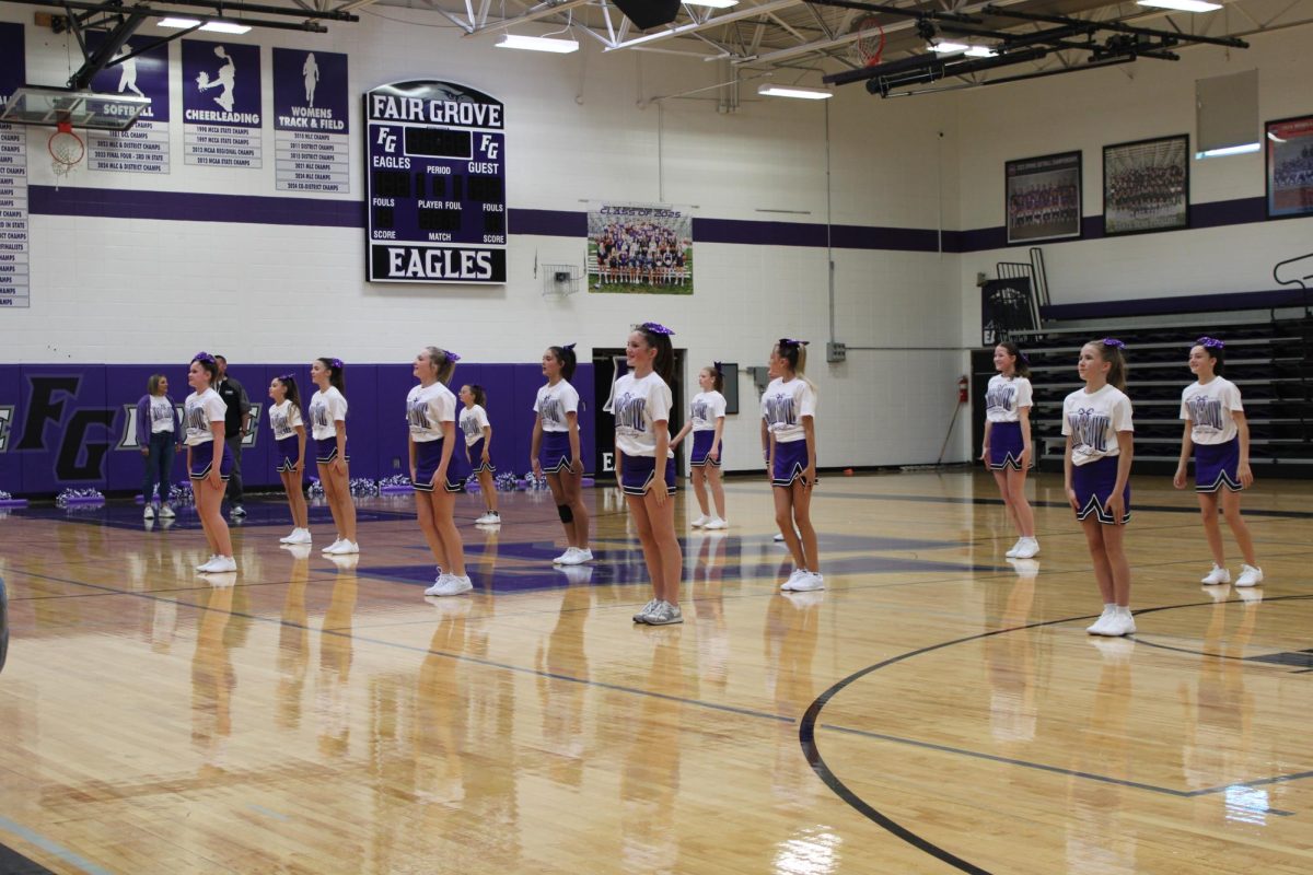 The Fair Grove Middle School Cheerleaders perform during Fair Grove's Middle School Pep Assembly. The assembly took place on September 11th. From left to right: Karma Crews, Joleigh Lambert, Meliah Tracy, Graclyn Thompson, Stevie Hart, Gemma Hirayama, Reygan Hallam, McKenna Riddle, Brynleigh Burk, Haven Bruner, Lilliana Amore, and Elliott Hollingsworth.