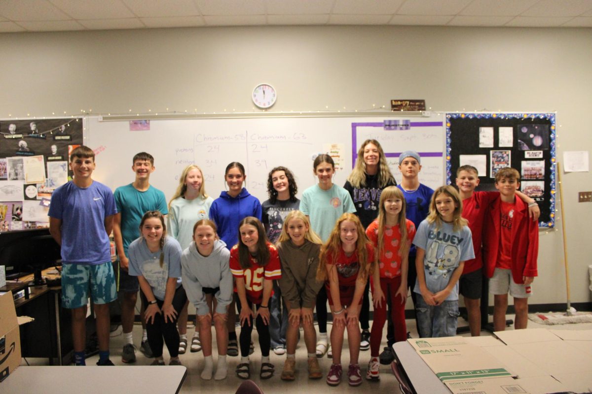 Middle School STUCO meeting during advisory to plan for upcoming events such as Fright Night and spirit week. Front Row (ordered left to right): Louella Gore (8), Addy Miller (8), Piper Lentz (7), Claire Otterness (7), Taylor Ebbrecht (7), Violet Roberts, Madisyn Evans (8). Back Row (ordered left to right): Mason Smith (8), Lukas Wolf (8), Alexis Steele (8), Gemma Hirayama (8), Ila Mackinney (8),Karis Peck (8), Lindsay Martin (club sponsor), Campbell Evans (8), Liam Walton (7), Lawson Boyer (7).