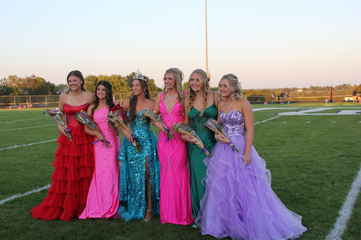 Homecoming court girls lining up for a picture after crowning the queen Leila Huff.From left to right; Kynlee Peck(11), Olivia Broyles(9), Leila Huff(12), Hali Stokes(12), Sofee Garret(12), and McKenna Zanzie(10). 