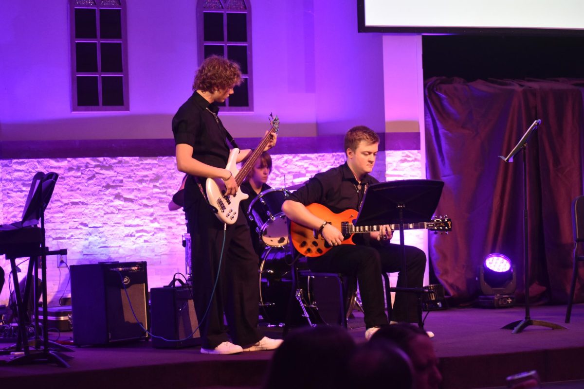 At last year's Evening of Jazz, drummer Nate Walters (11) performed alongside guitarists Gavin Brock (12) and Waylon Wright (12). Wright, now a District Honor Band auditionee, continues to stay active in Fair Grove's music program. 