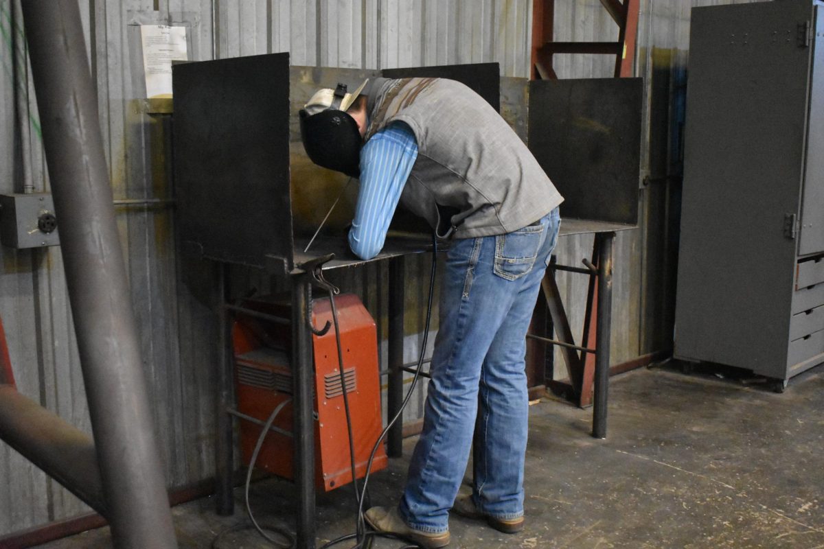 Dustin Tatum (10) striking an arc in the Fair Grove High School Ag building for wielding class. 