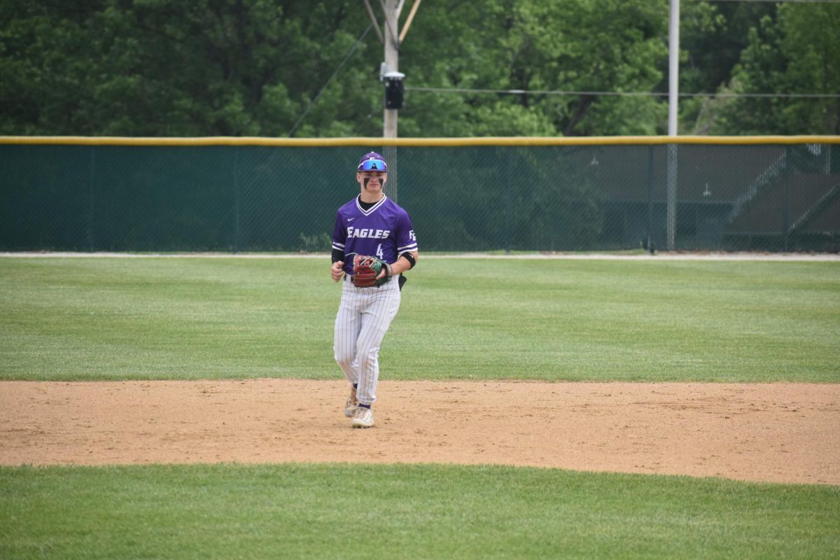 Jakoeby McDannald (12) plays defense in the infield in a game against Seymour on May 19, 2025. This game resulted in a win, the score being 6-5.